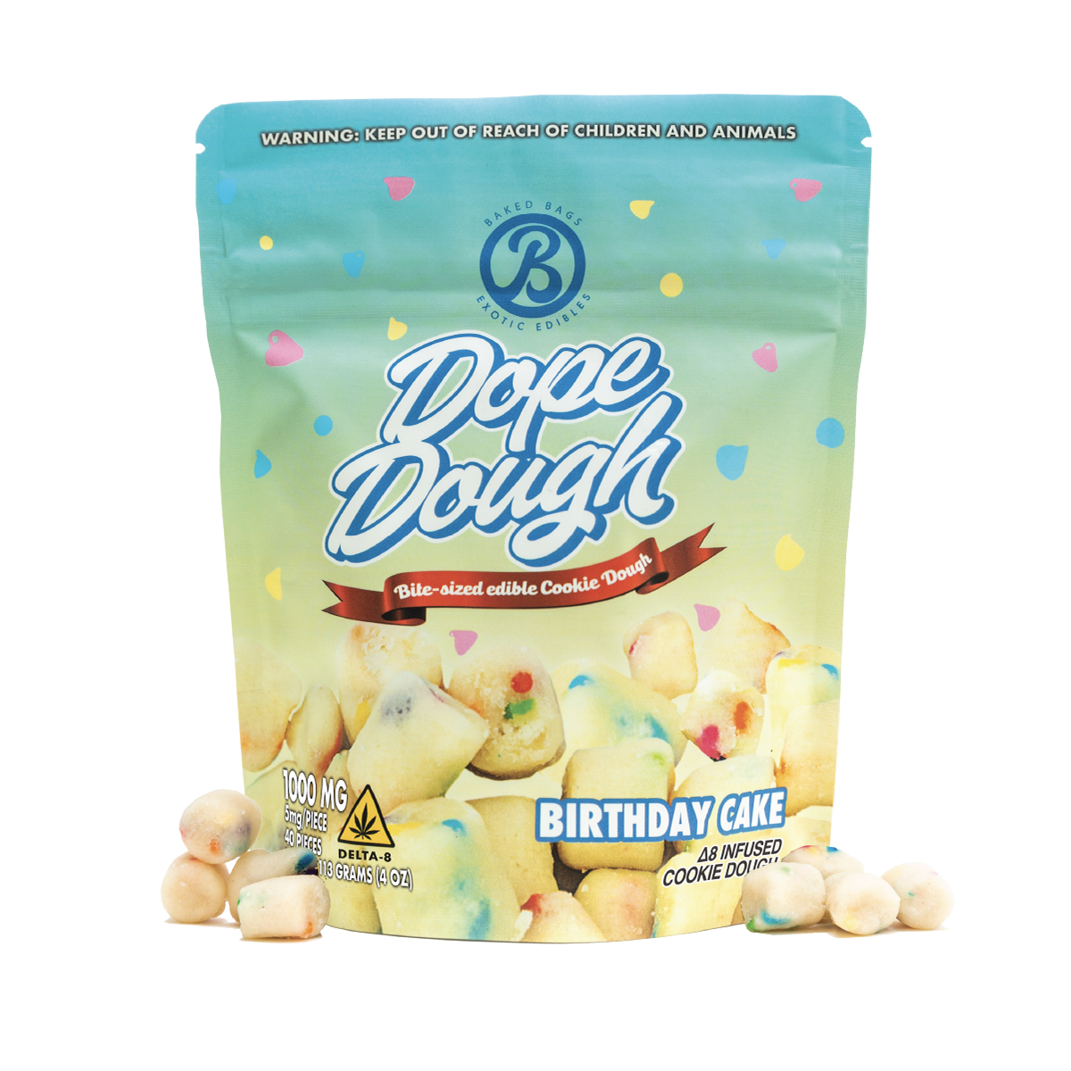 Baked Bags Dope Dough Cookie Dough Bite-Sized Edible Cookie Dough Cookie Baked Bags Delta-8 THC Birthday Cake