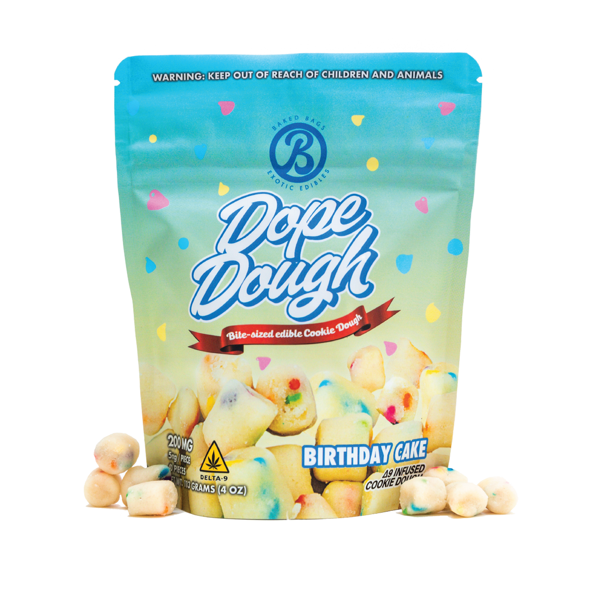 Baked Bags Dope Dough Cookie Dough Bite-Sized Edible Cookie Dough Cookie Baked Bags Delta-9 THC Birthday Cake