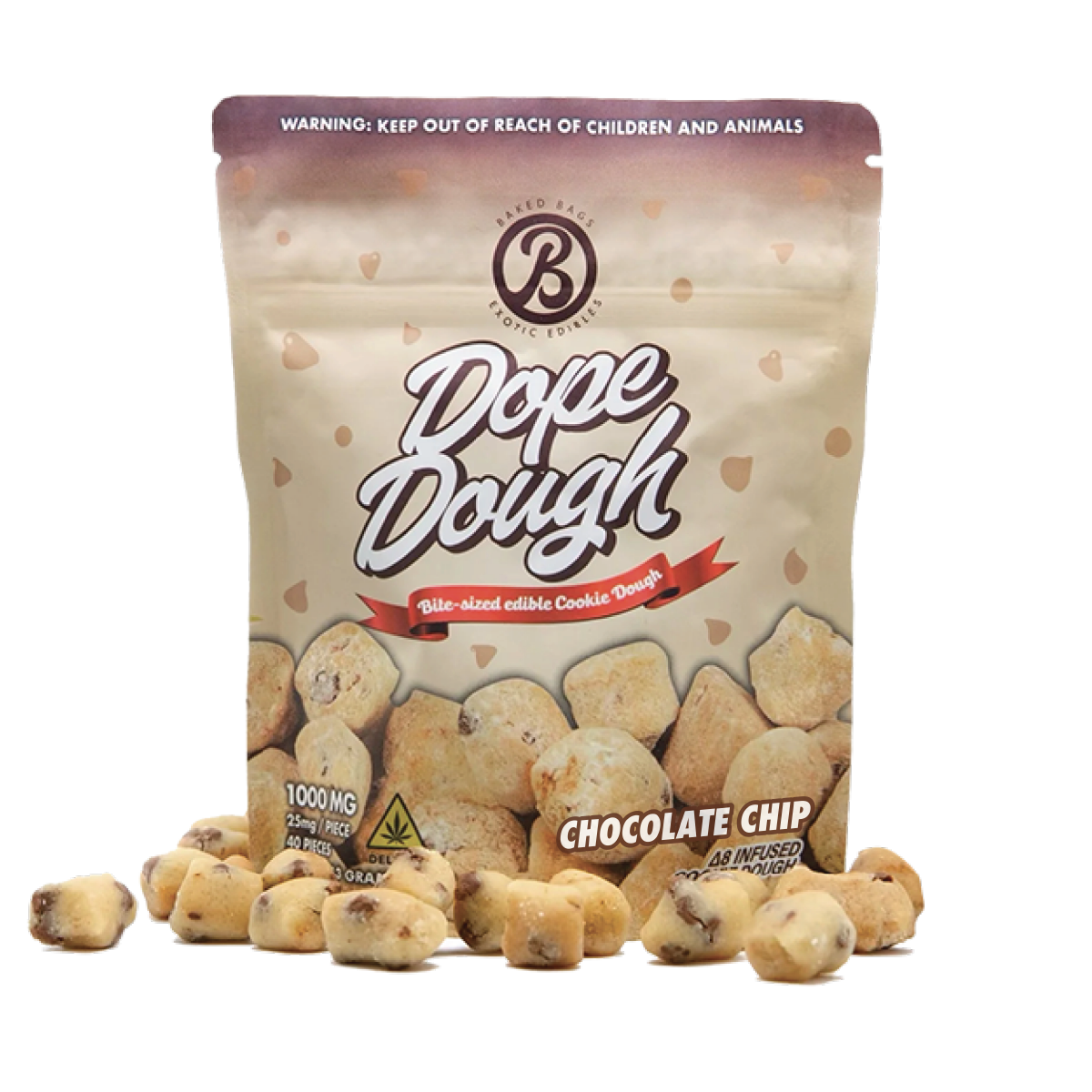 Baked Bags Dope Dough Cookie Dough Bite-Sized Edible Cookie Dough Cookie Baked Bags Delta-8 THC Chocolate Chip