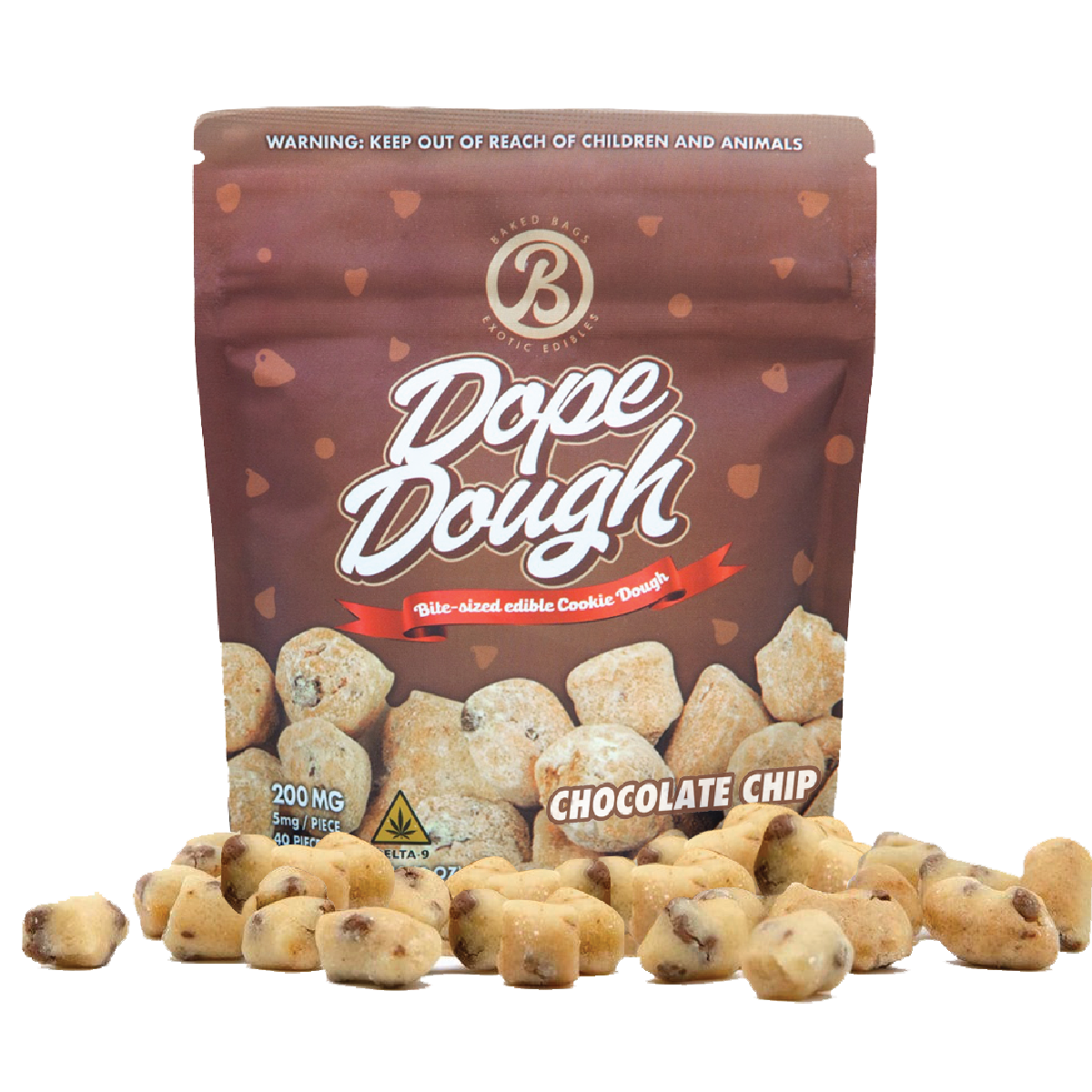 Baked Bags Dope Dough Cookie Dough Bite-Sized Edible Cookie Dough Cookie Baked Bags Delta-9 THC Chocolate Chip
