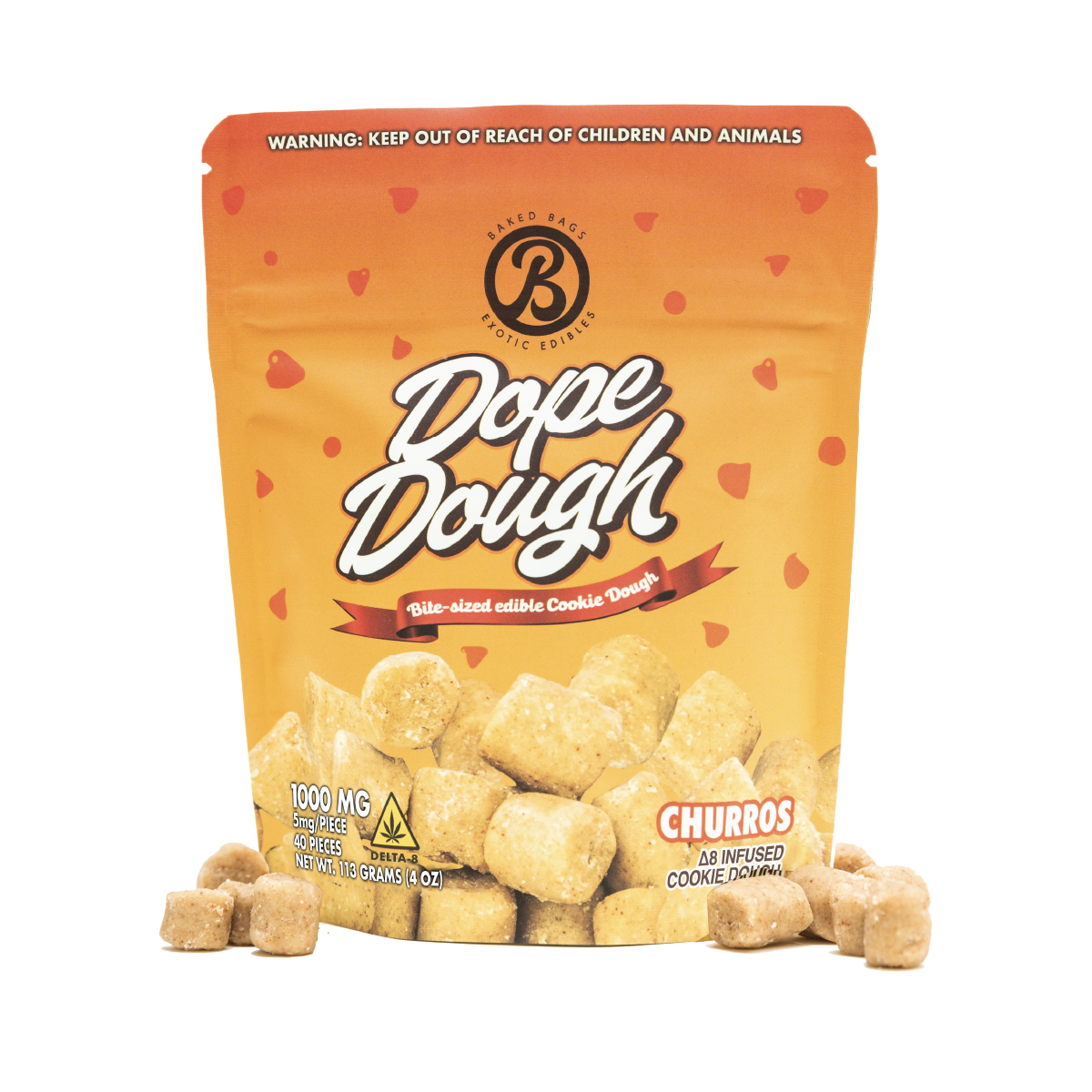 Baked Bags Dope Dough Cookie Dough Bite-Sized Edible Cookie Dough Cookie Baked Bags Delta-8 THC Churros