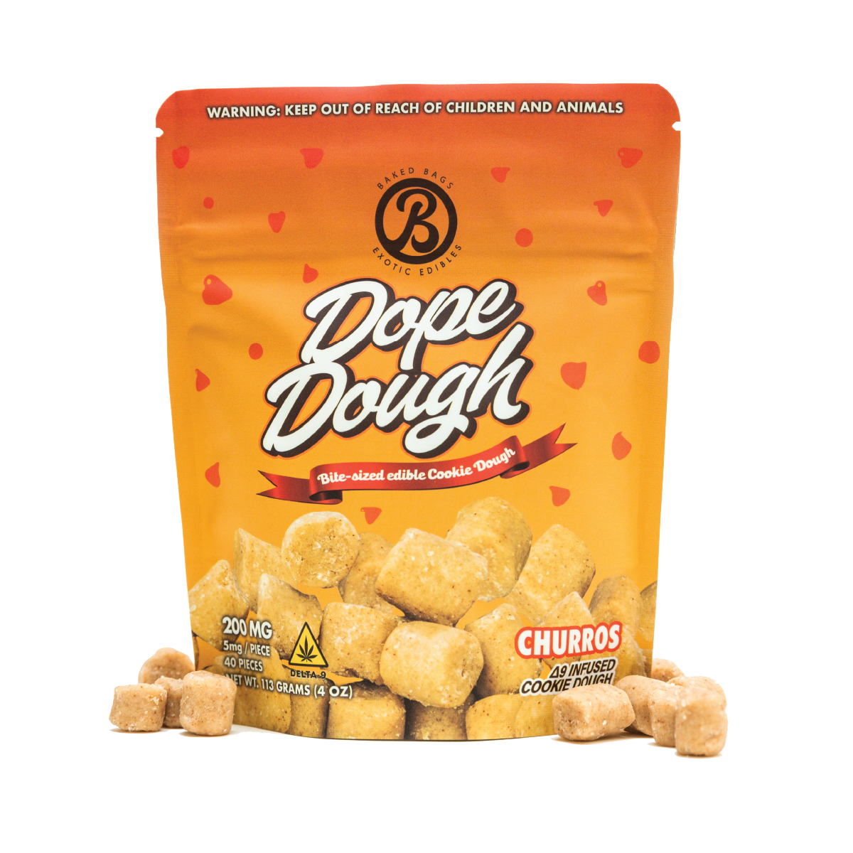 Baked Bags Dope Dough Cookie Dough Bite-Sized Edible Cookie Dough Cookie Baked Bags Delta-9 THC Churros