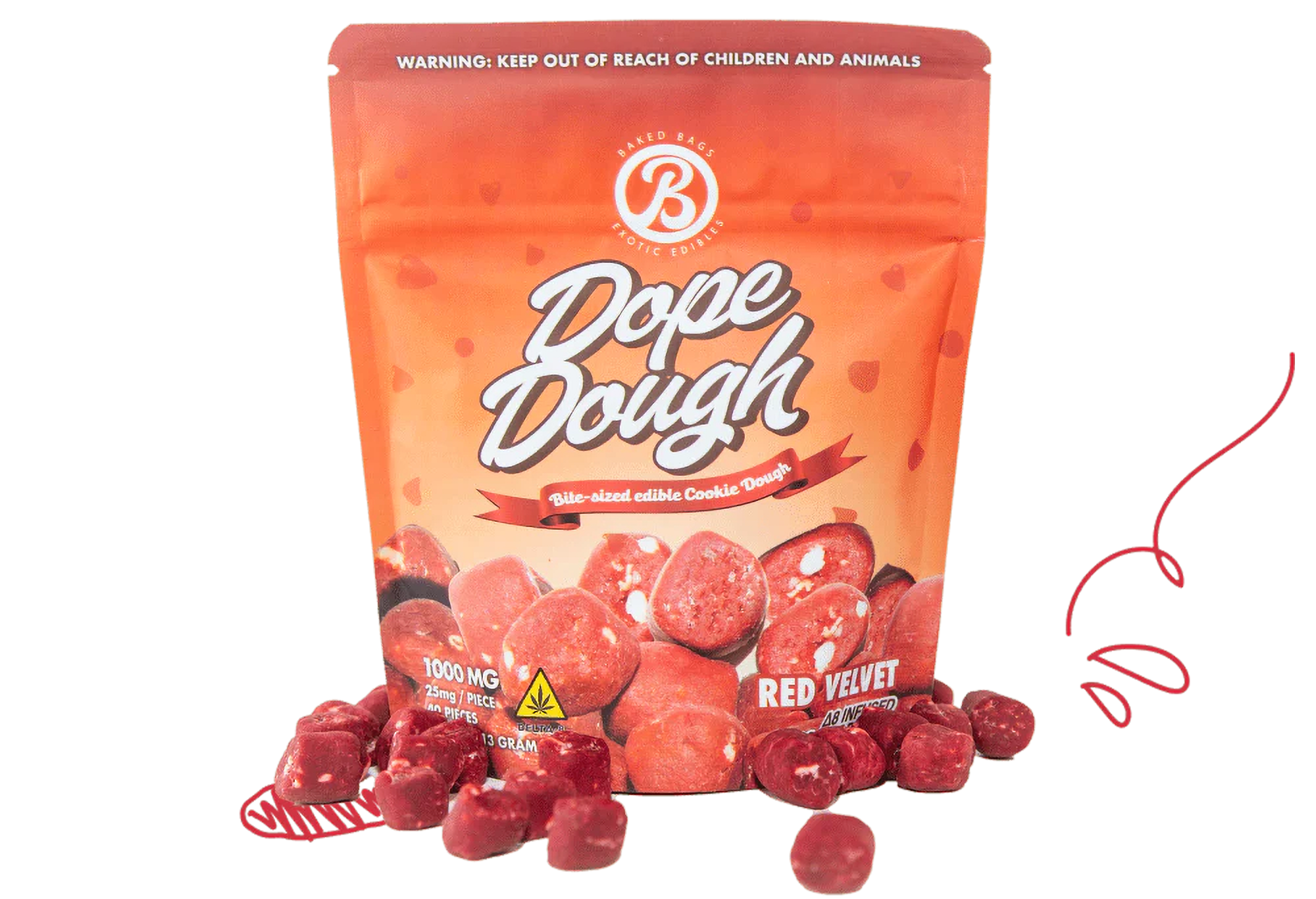 Baked Bags Dope Dough Cookie Dough Bite-Sized Edible Cookie Dough Cookie Baked Bags Delta-8 THC Red Velvet