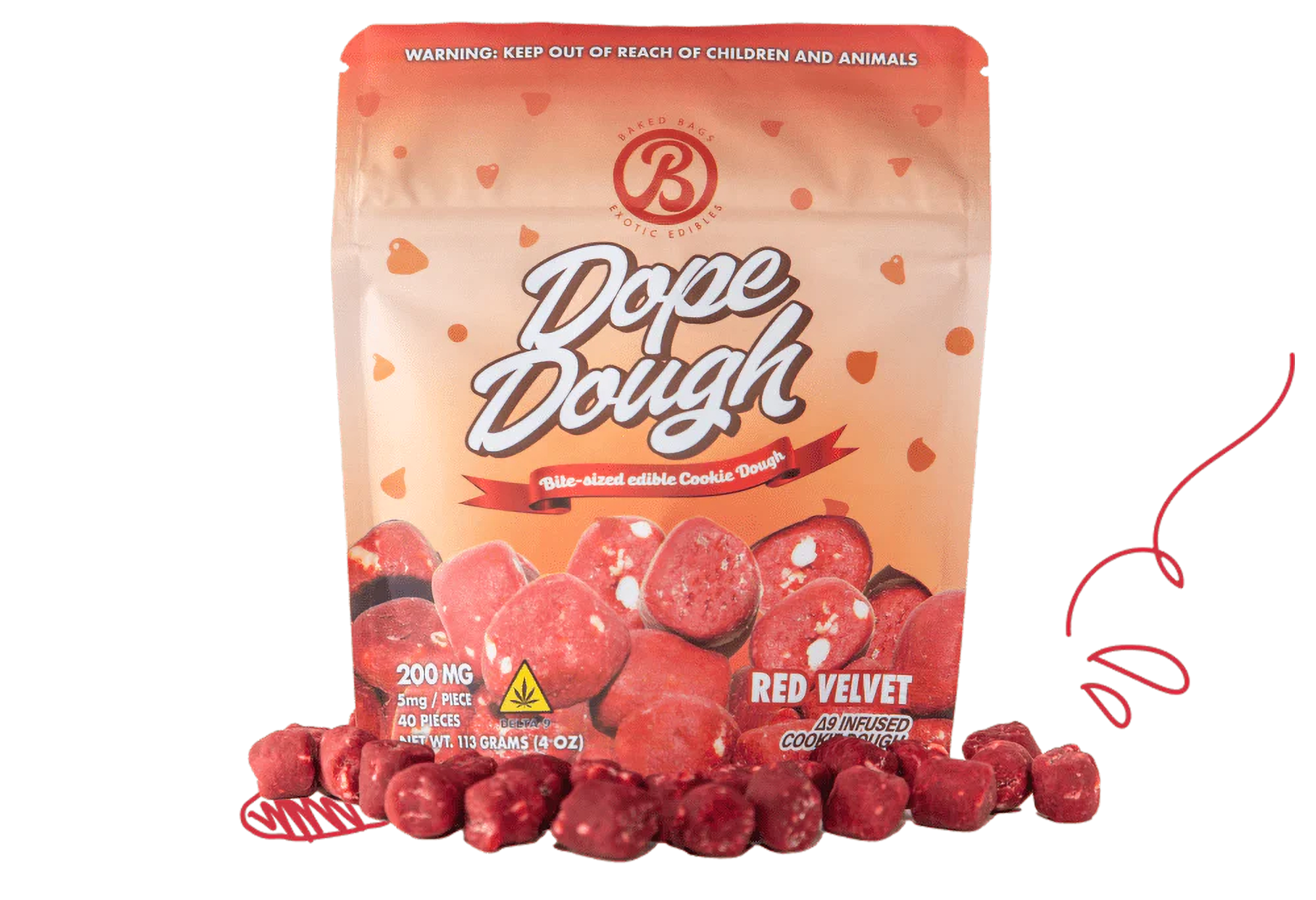 Baked Bags Dope Dough Cookie Dough Bite-Sized Edible Cookie Dough Cookie Baked Bags Delta-9 THC Red Velvet