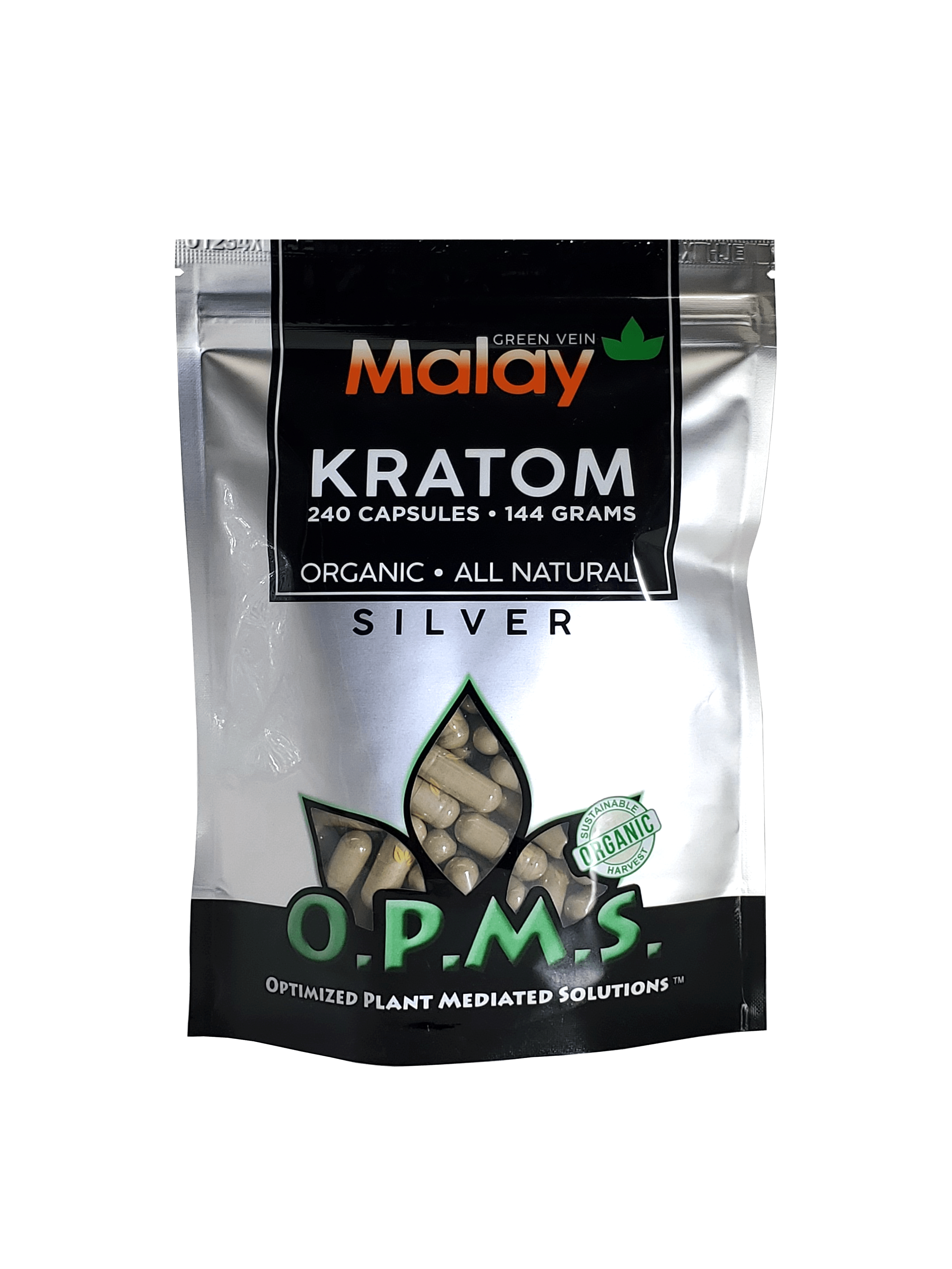 O.P.M.S. Silver Capsules Kratom OPMS Green Vein Malay 16 Count 
