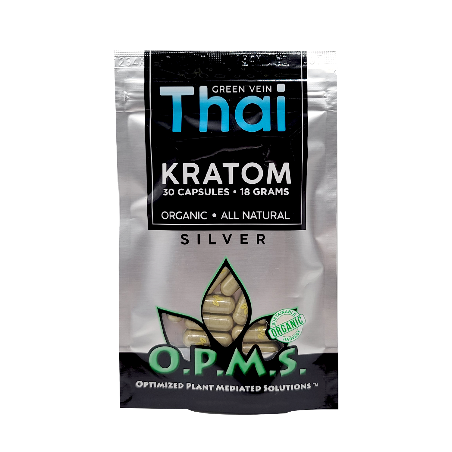 O.P.M.S. Silver Capsules Kratom OPMS Green Vein Thai 16 Count 